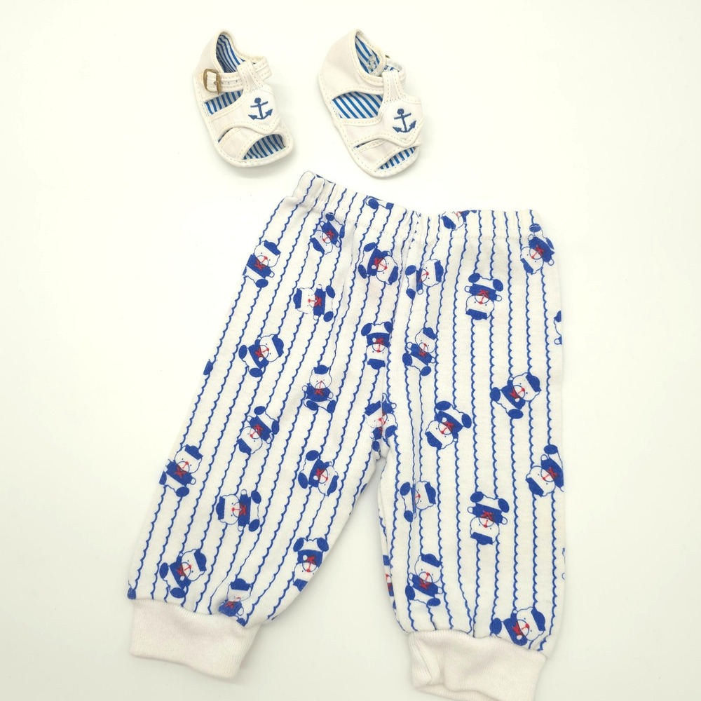 NautiKids Vintage 4pc Nautical Set Sailor Bear Striped Pants Shoes Boys 3-6M - Picture 5 of 8
